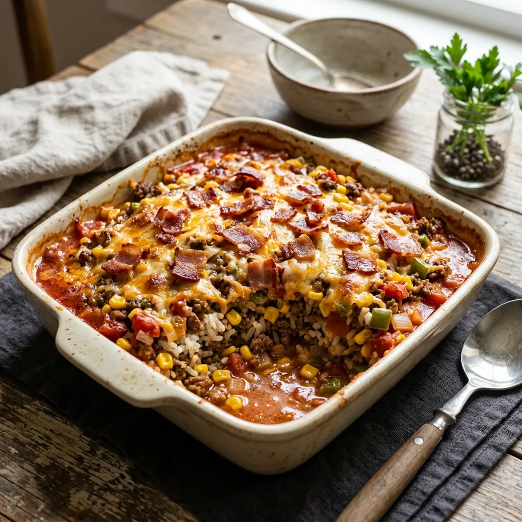 Finished 7 Layer Casserole With Ground Beef and Rice dish