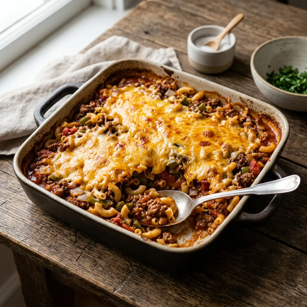 American Chop Suey Casserole With Cheese Topping