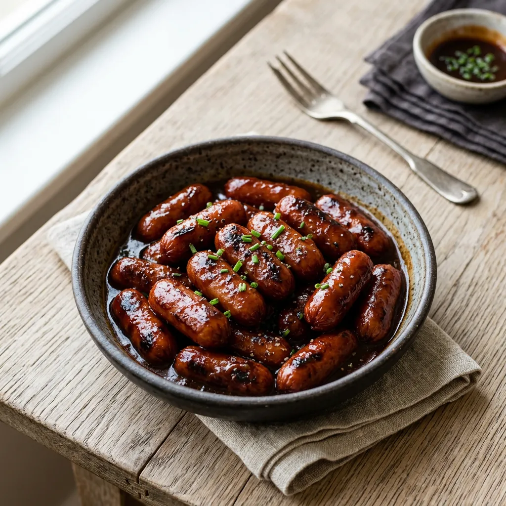 Finished Appetizer Hot Dogs in Barbecue Sauce dish