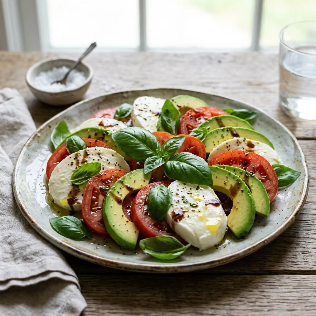 Avocado, Tomato, and Mozzarella Caprese Salad Recipe