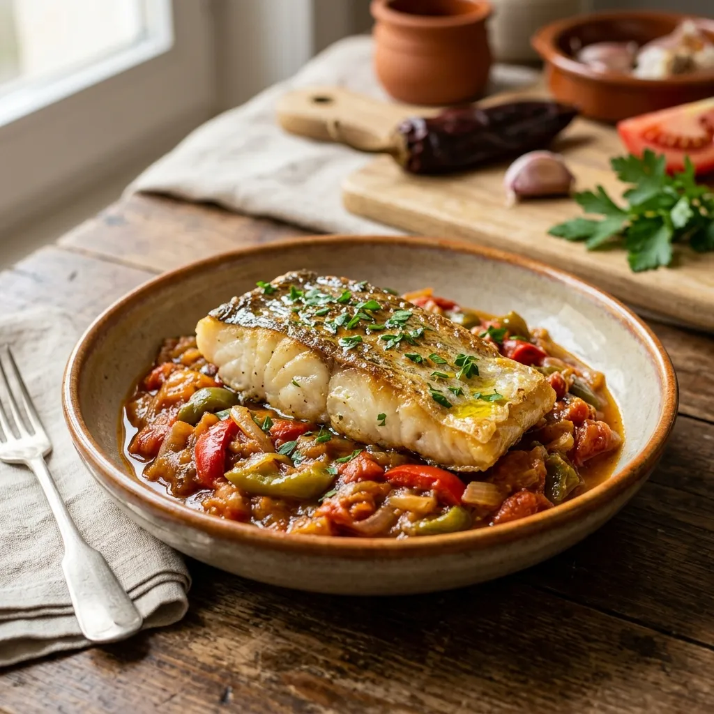 Bacalao con Pimientos y Cebolla