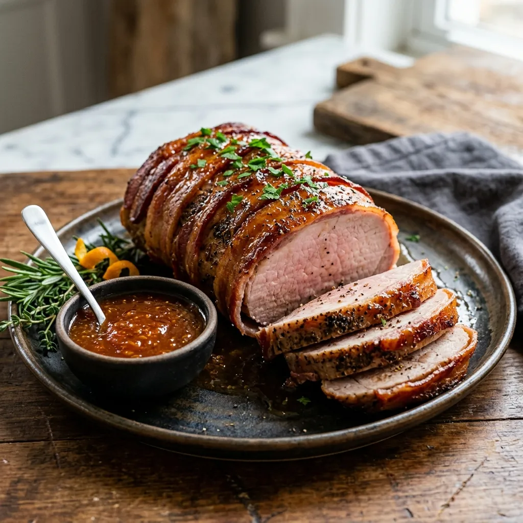 Bacon Wrapped Pork Loin With Marmalade Brown Sugar Glaze