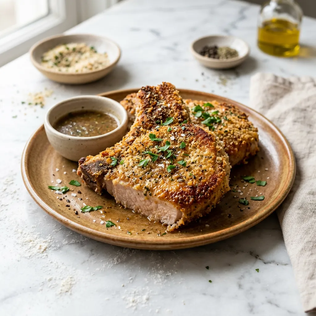 Finished Baked Breaded Pork Chops Recipe dish