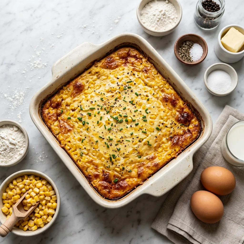 Finished Baked Corn Casserole dish