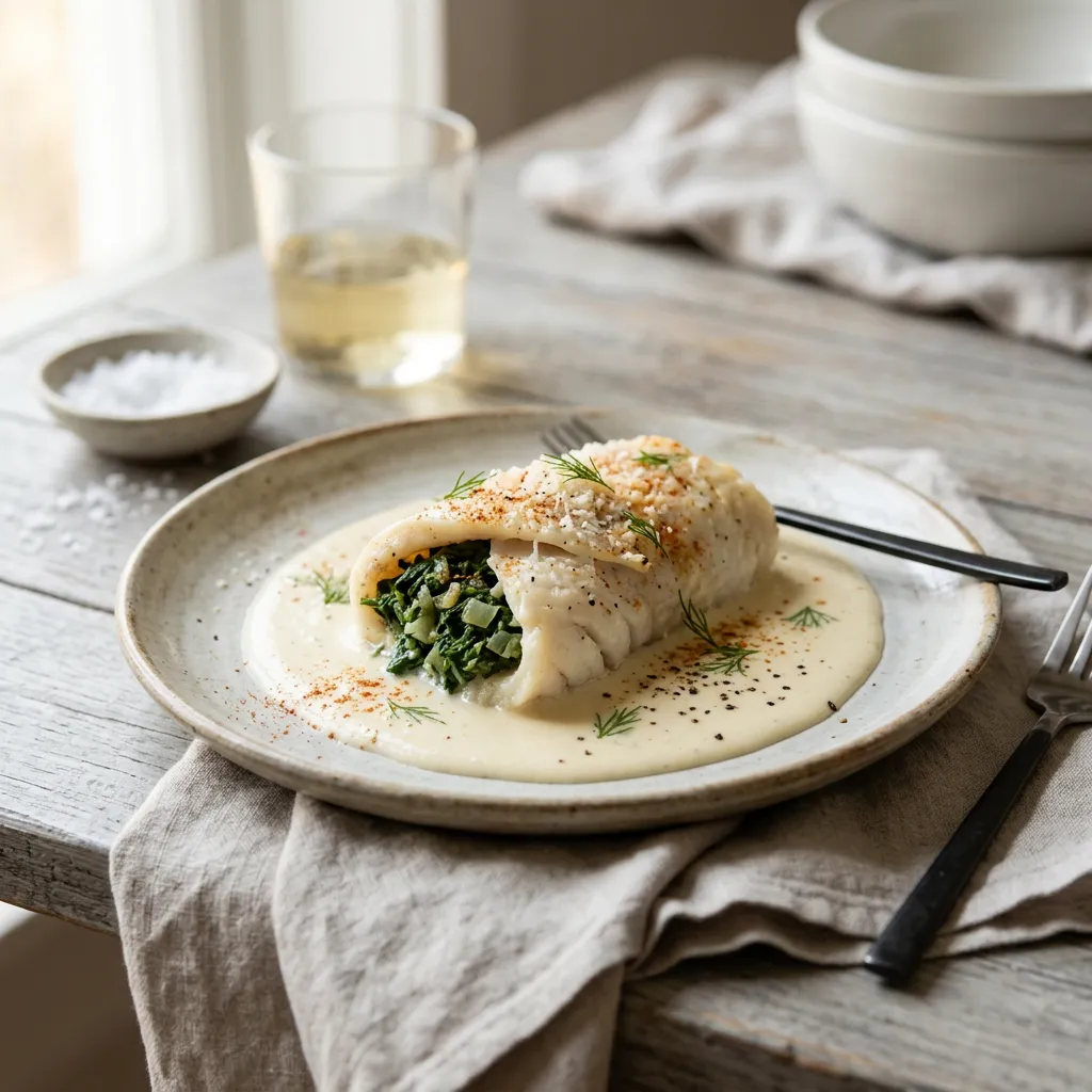 Finished Baked Flounder Florentine dish