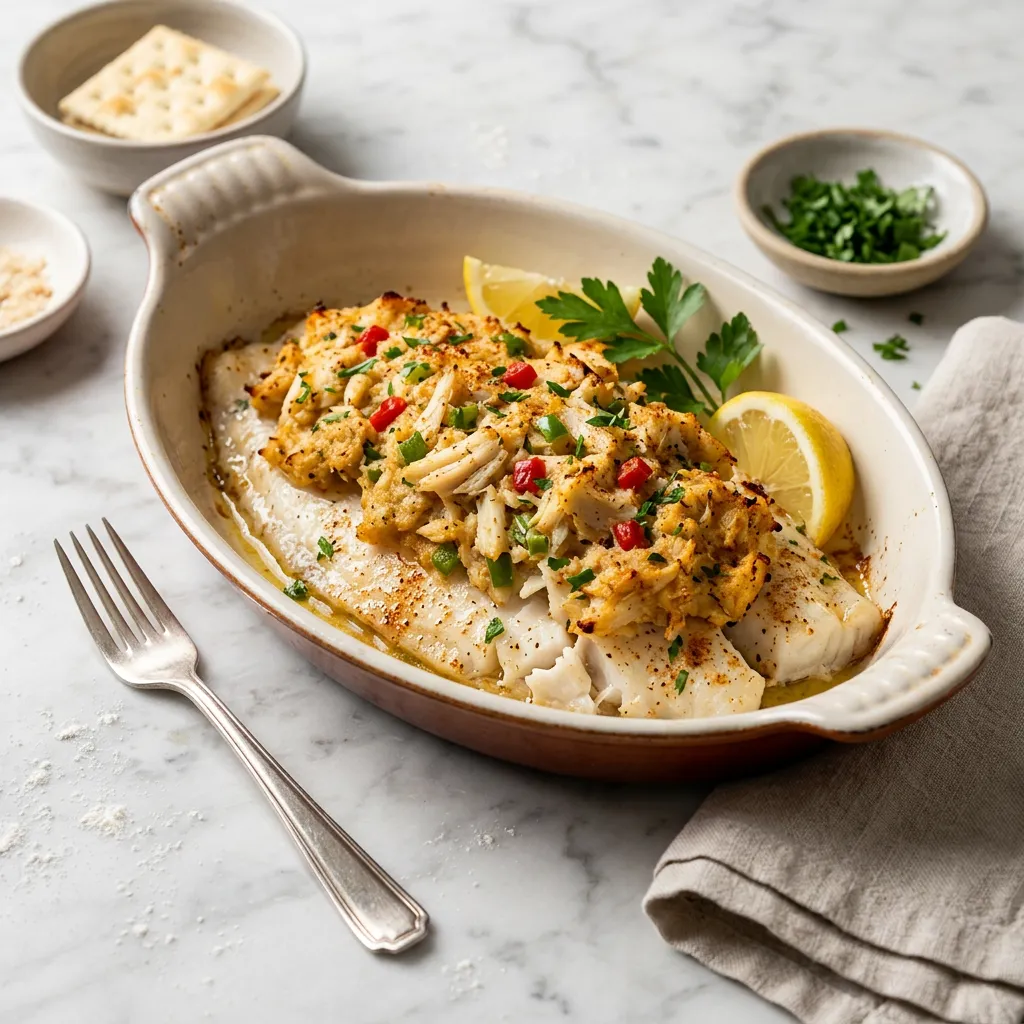 Finished Baked Flounder With Crabmeat Topping dish