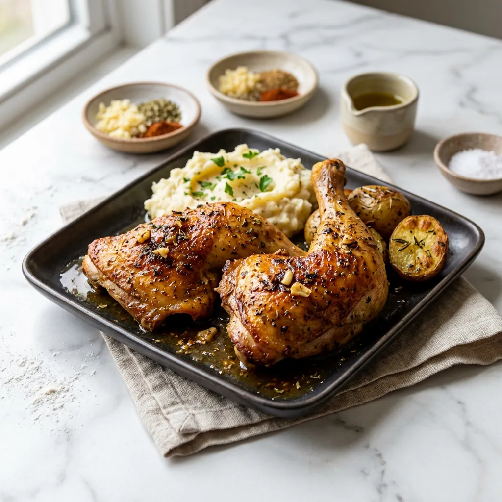 Finished Baked Garlic Chicken Leg Quarters dish