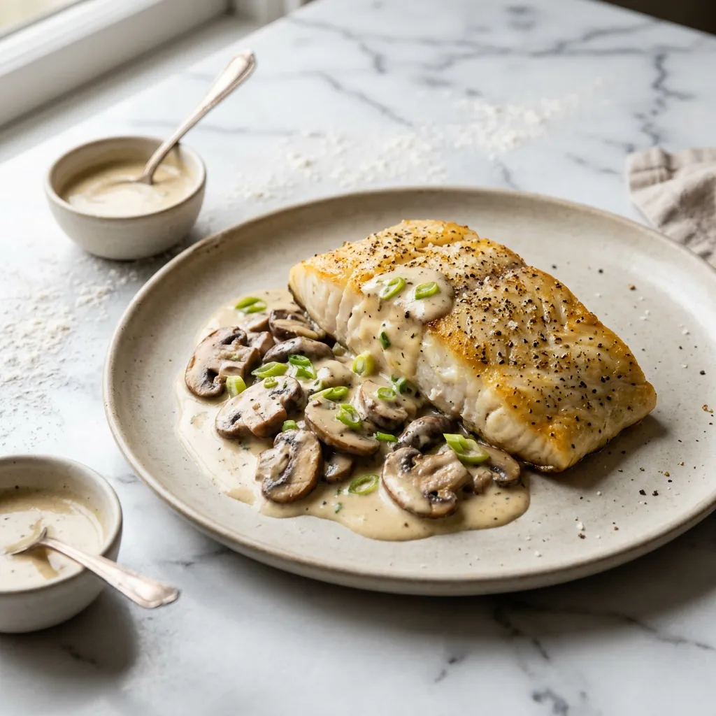 Finished Baked Halibut With Mushroom Cream Sauce Recipe dish