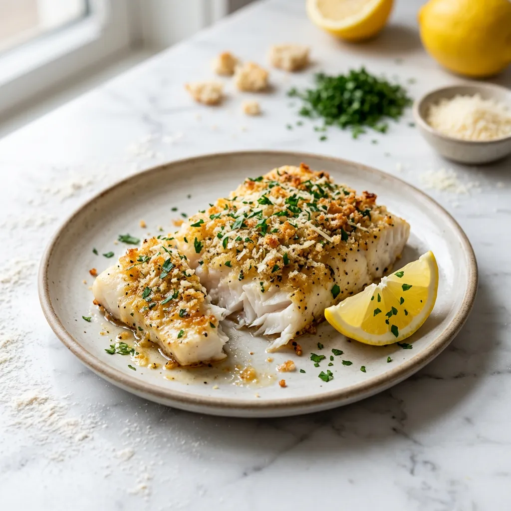 Finished Baked Halibut With Parmesan Crumb Topping dish