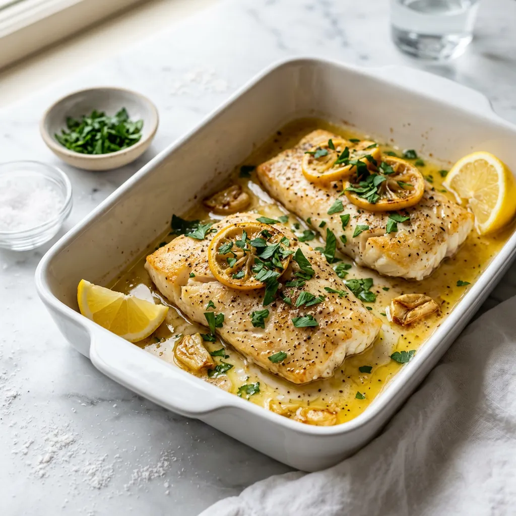 Finished Baked Lemon Garlic Cod dish