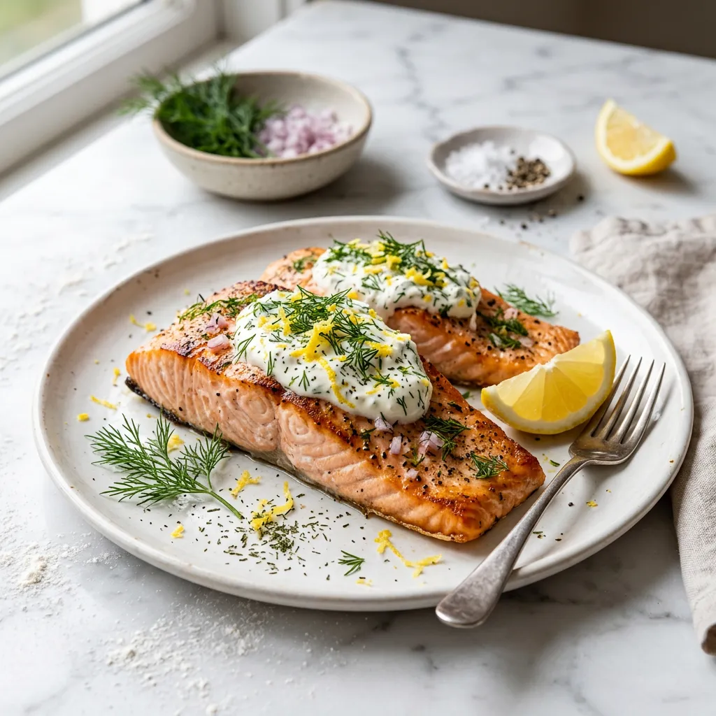 Baked Salmon Steaks With Sour Cream and Dill