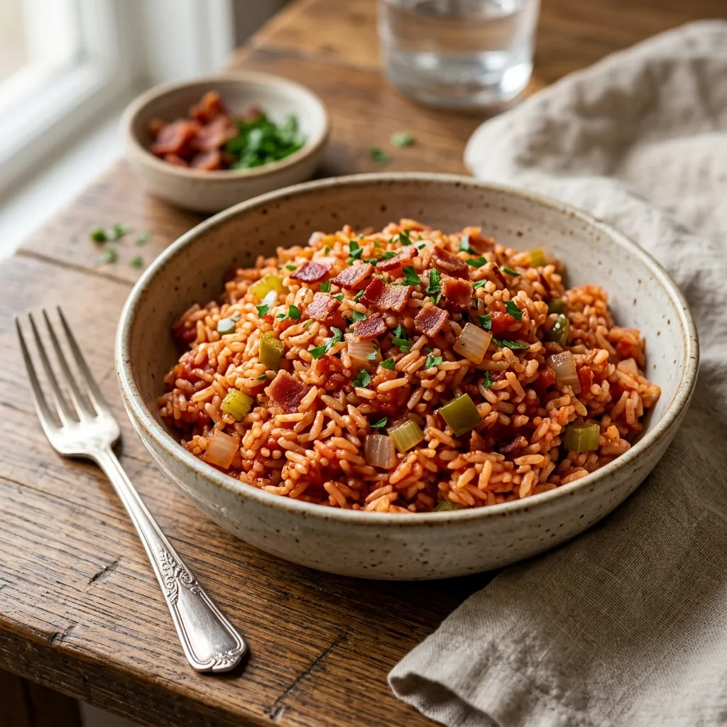Baked Savannah Red Rice With Bacon, Tomatoes, and Onions