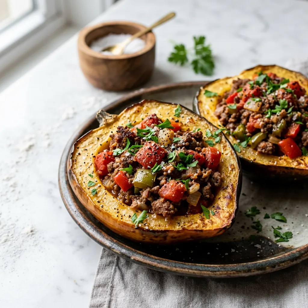 Finished Baked Stuffed Acorn Squash With Beef and Tomatoes dish