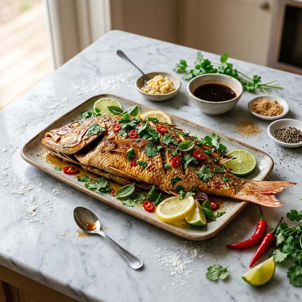 Baked Whole Fish in Garlic-Chile Sauce