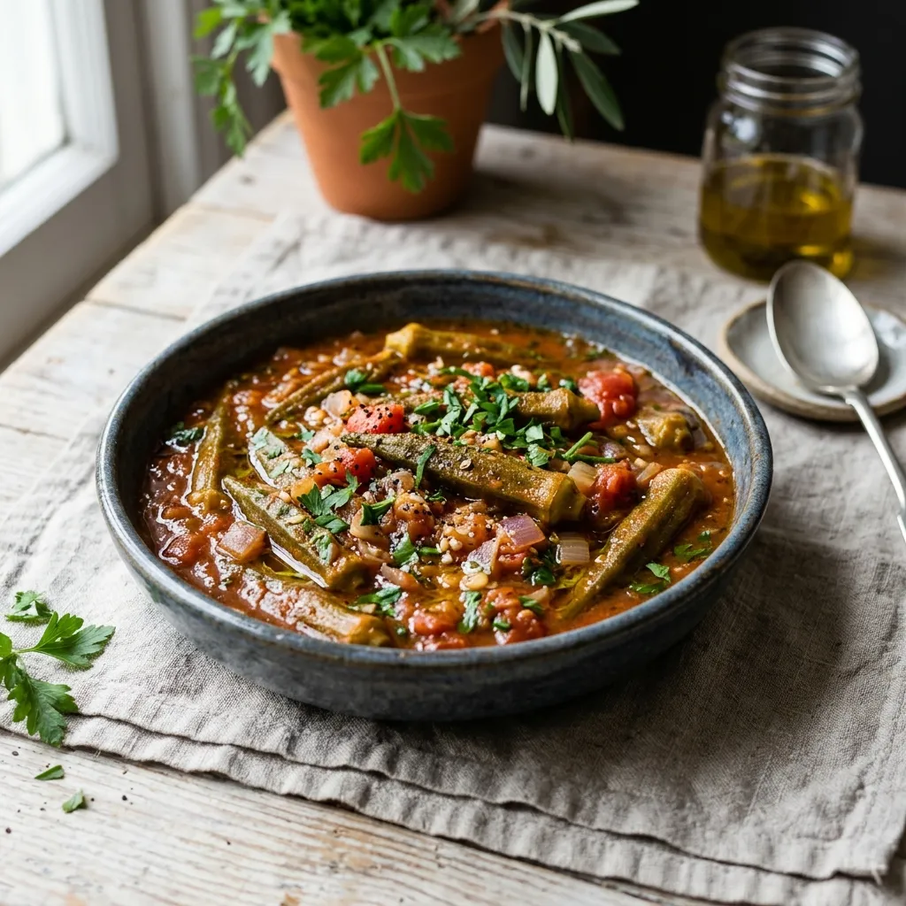 Bamies Latheres me Domata: Stewed Okra in Tomato Sauce