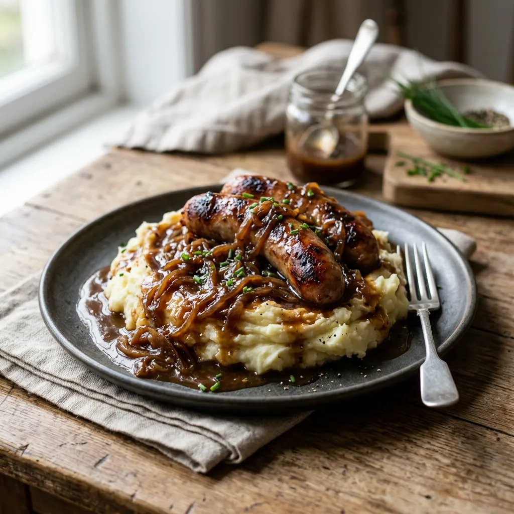 Bangers and Mash With Onion Gravy