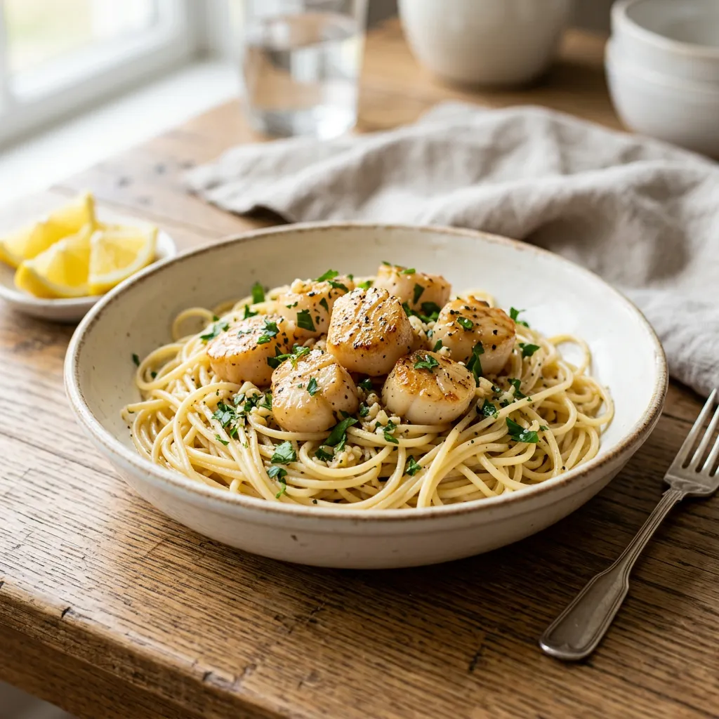 Finished Bay Scallops With Garlic dish