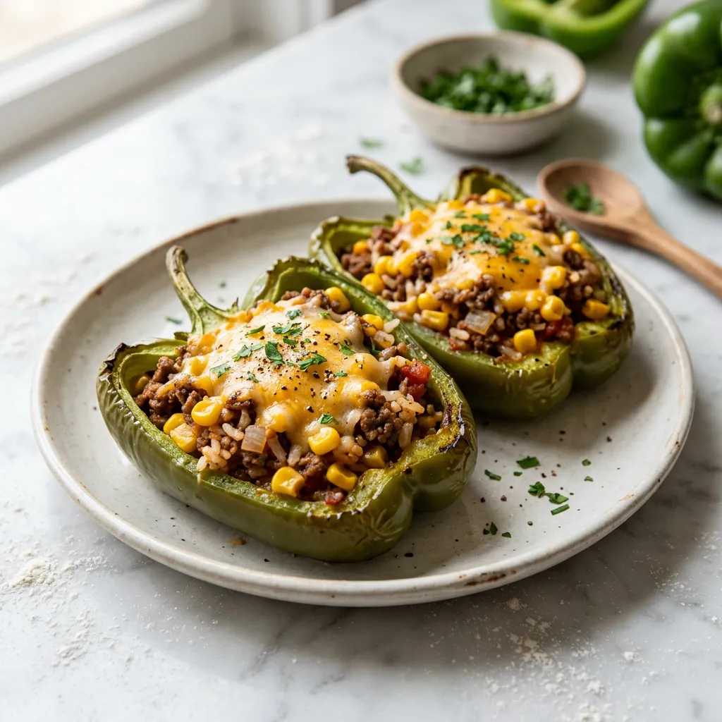 Finished Beef and Corn Baked Stuffed Peppers dish
