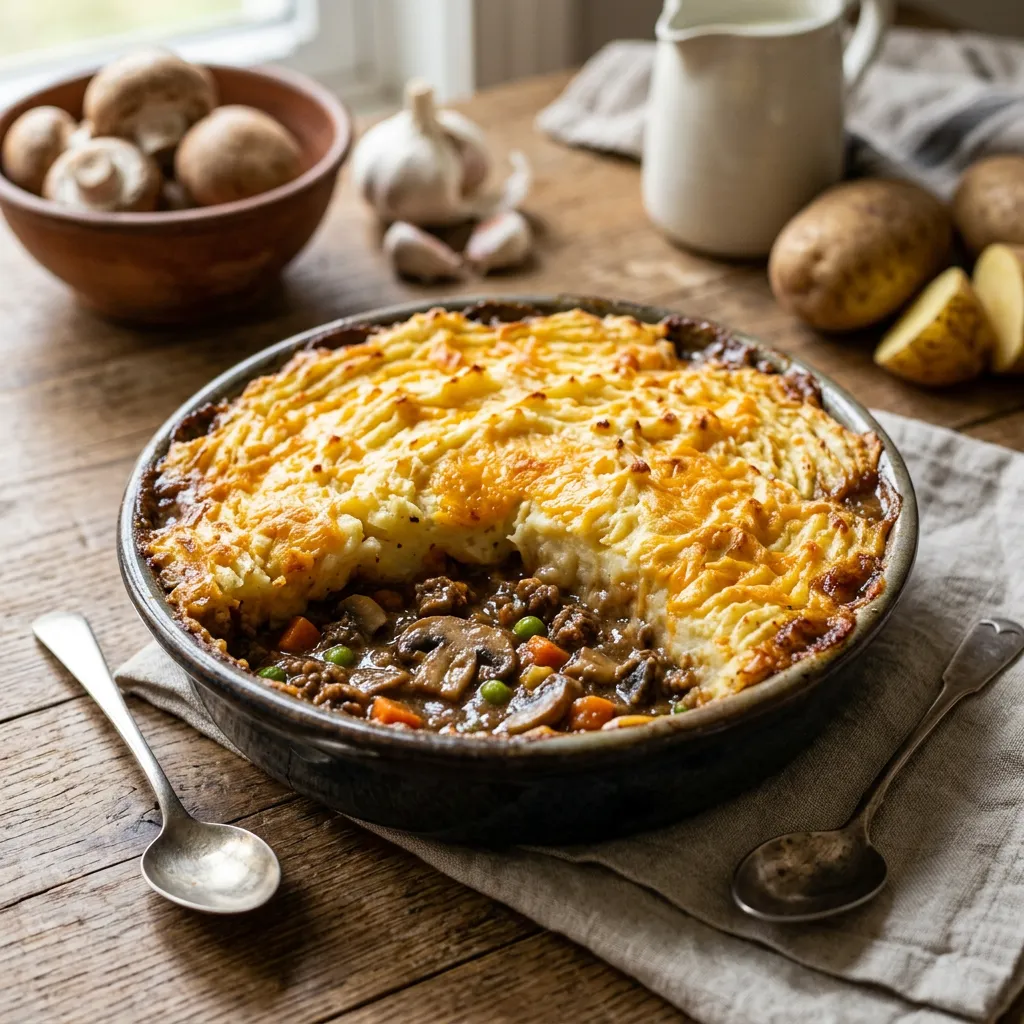 Finished Beef and Mushroom Cottage Pie dish