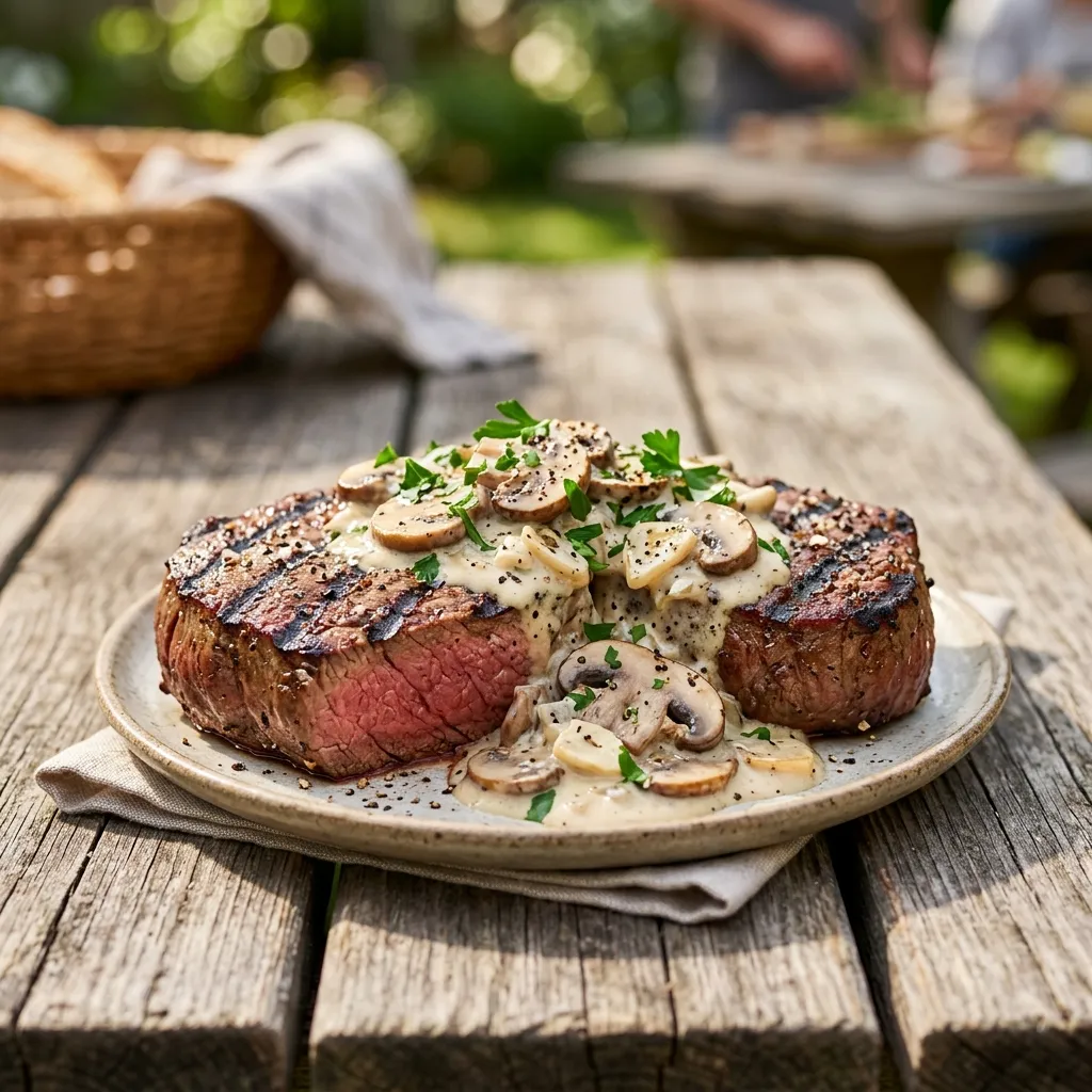Beef Tenderloin in a Cream Cheese and Mushroom Steak Sauce
