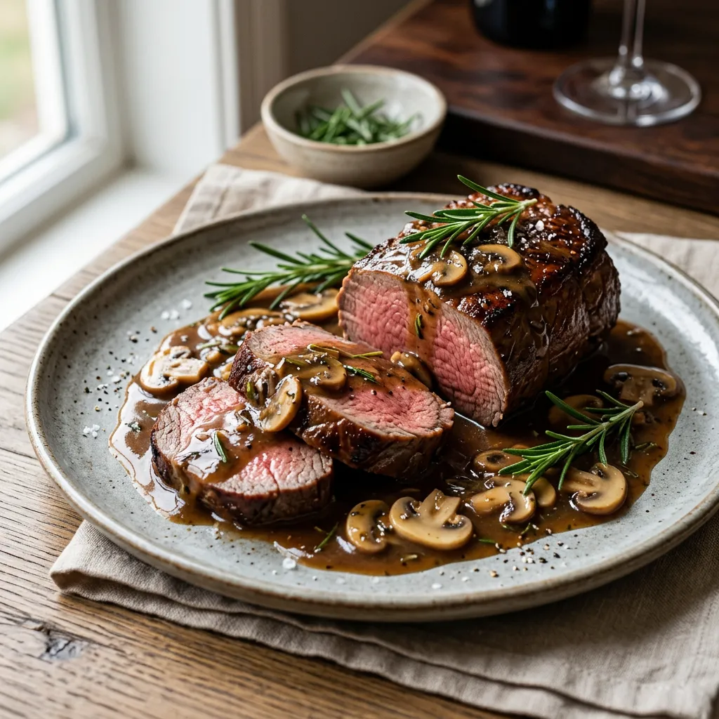 Finished Beef Tenderloin With Mushroom Gravy dish