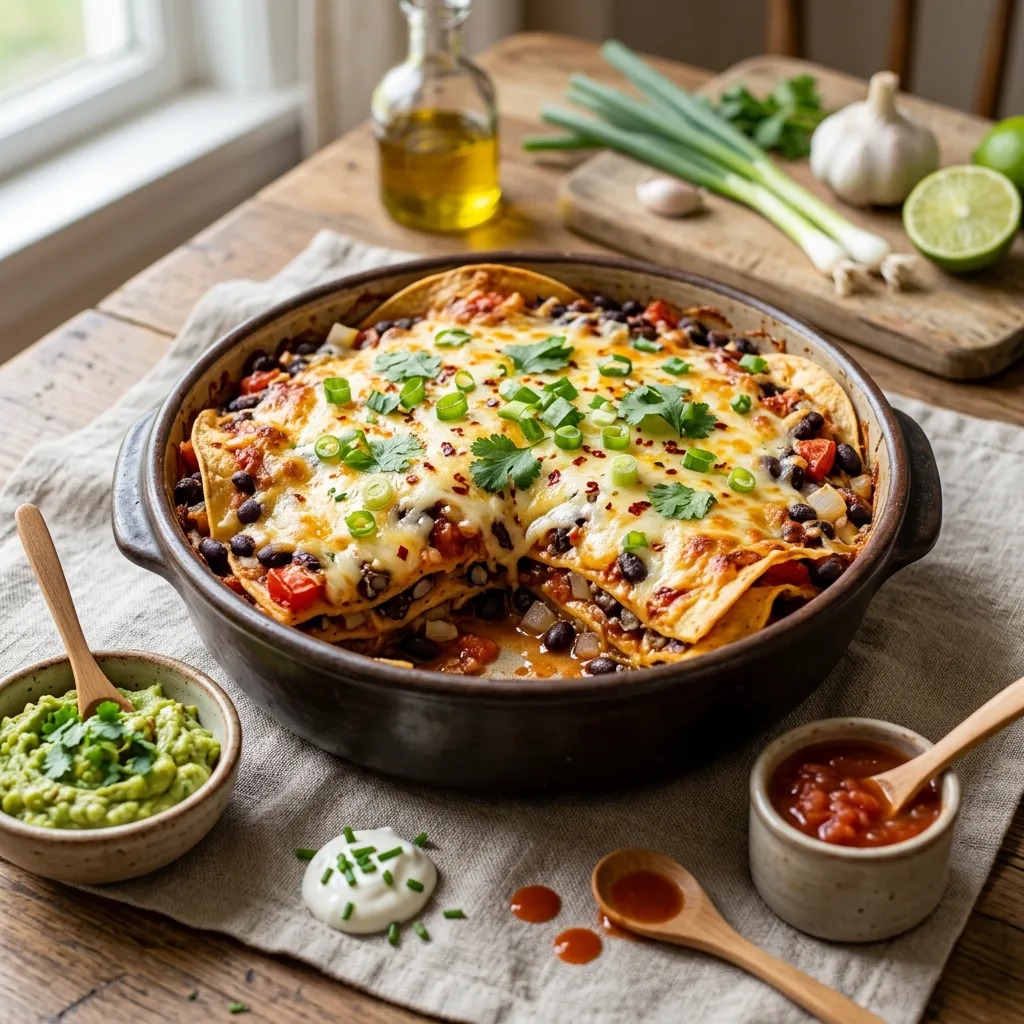 Finished Black Bean, Cheese, and Tortilla Casserole Recipe dish