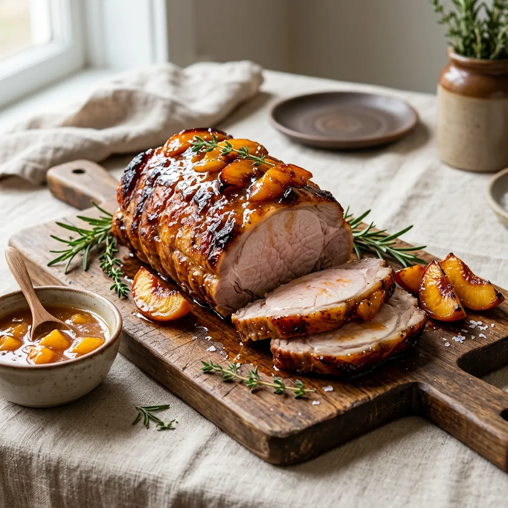 Finished Boneless Pork Loin With Honey Peach Glaze dish