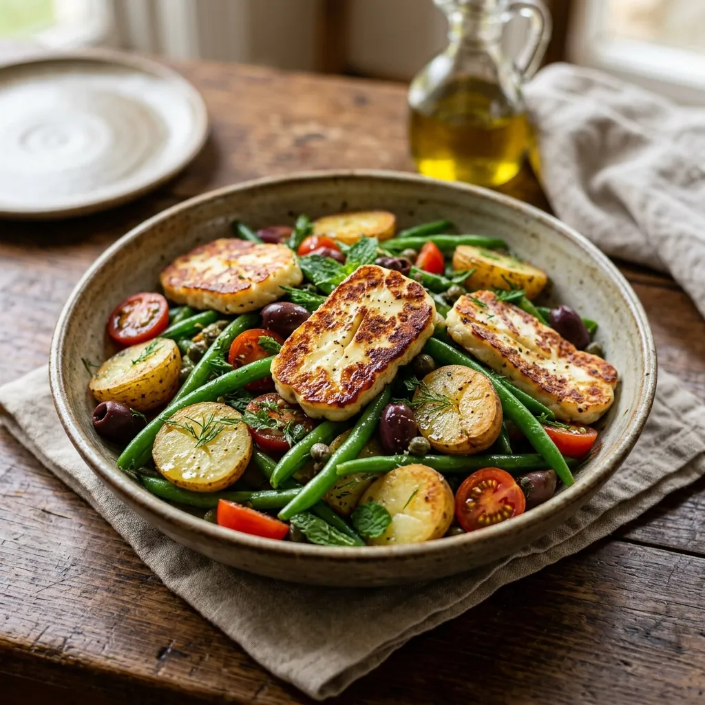 British Warm Halloumi, Green Bean, and Potato Salad
