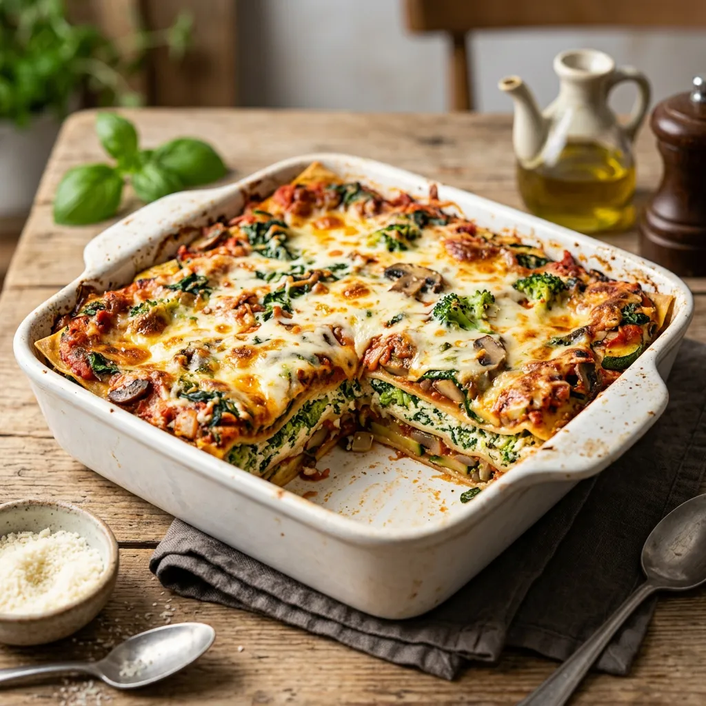 Broccoli and Spinach Lasagna With Zucchini and Sautéed Mushrooms