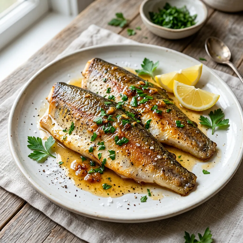 Finished Broiled Rainbow Trout With Lemon Parsley Brown Butter Sauce dish