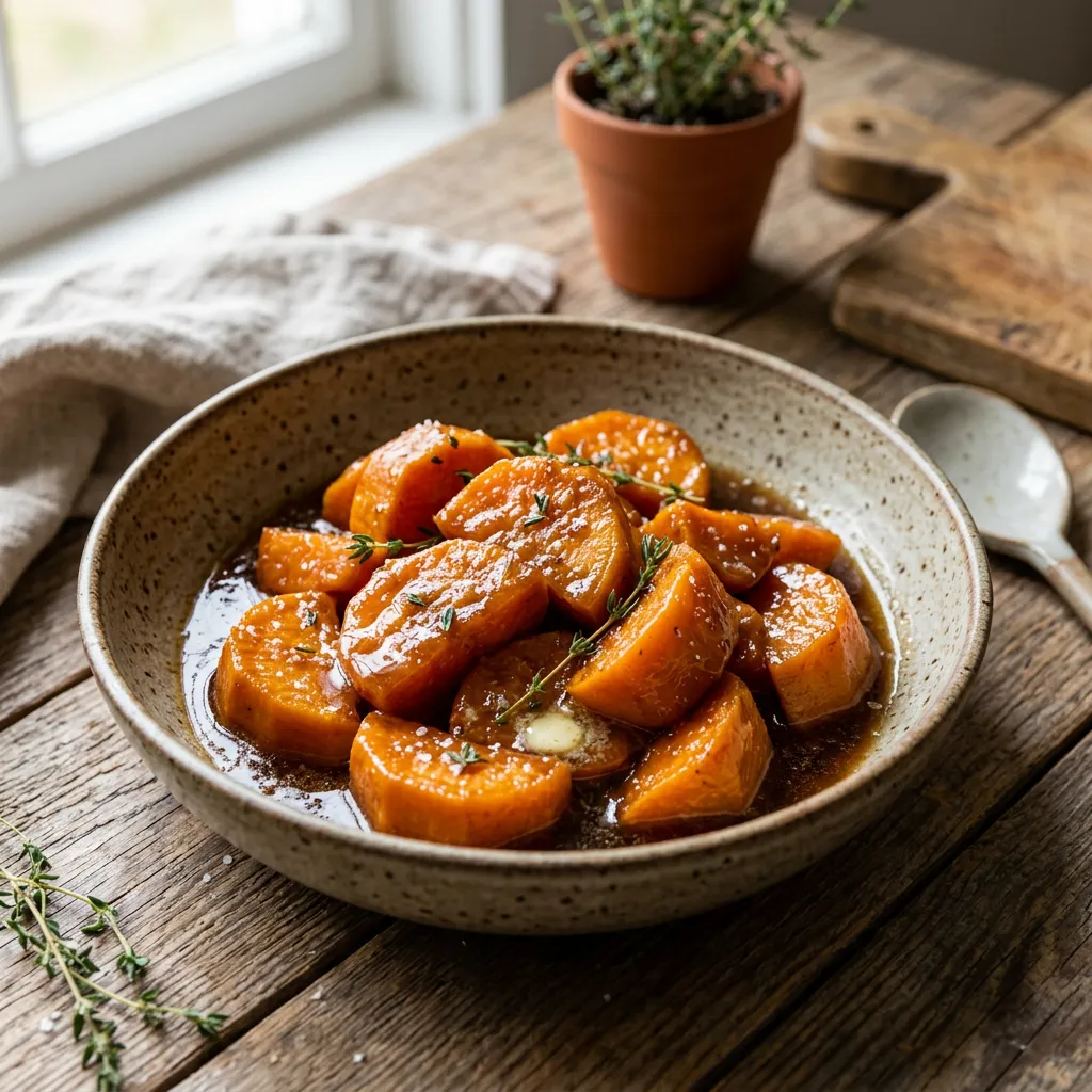 Finished Brown Sugar Candied Sweet Potatoes dish