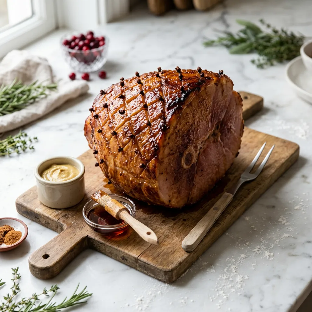 Finished Brown Sugar Glazed Baked Ham Recipe dish