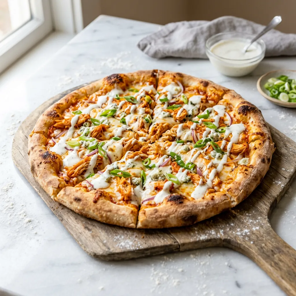 Finished Buffalo Chicken Pizza dish