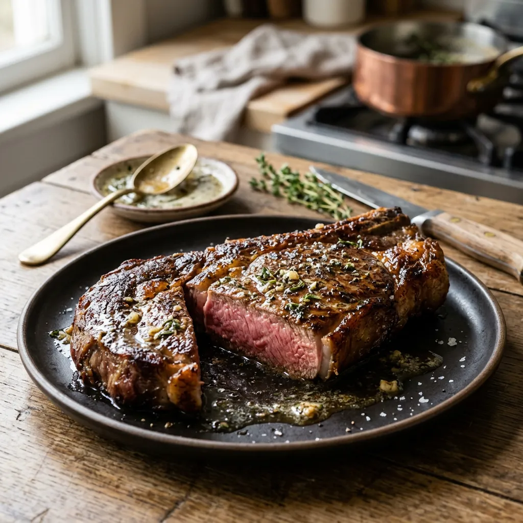 Finished Butter-Basted, Pan Seared Rib-Eye Steak dish