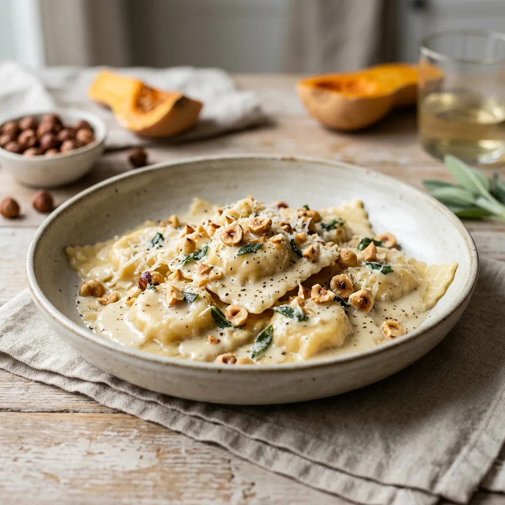 Butternut Squash Ravioli With White-Wine Sauce