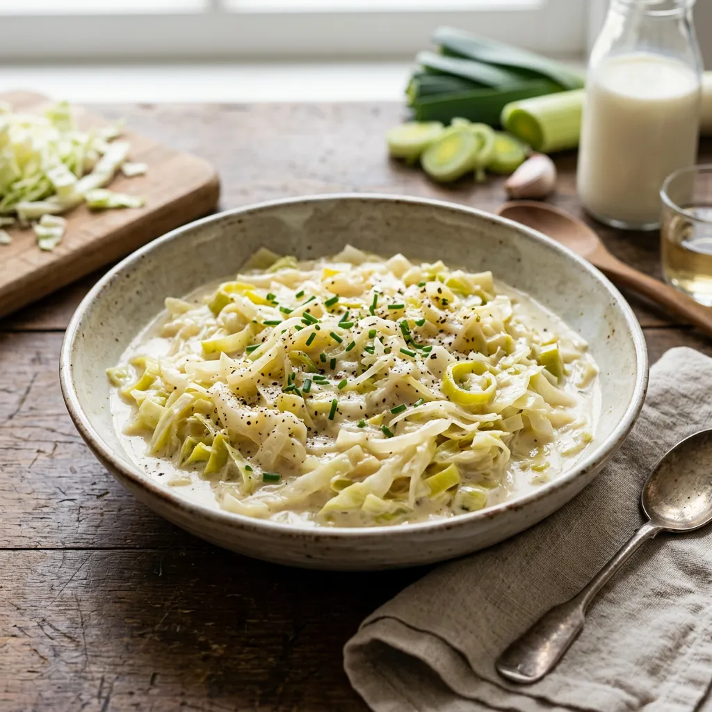 Finished Cabbage and Leeks in Cream Sauce dish