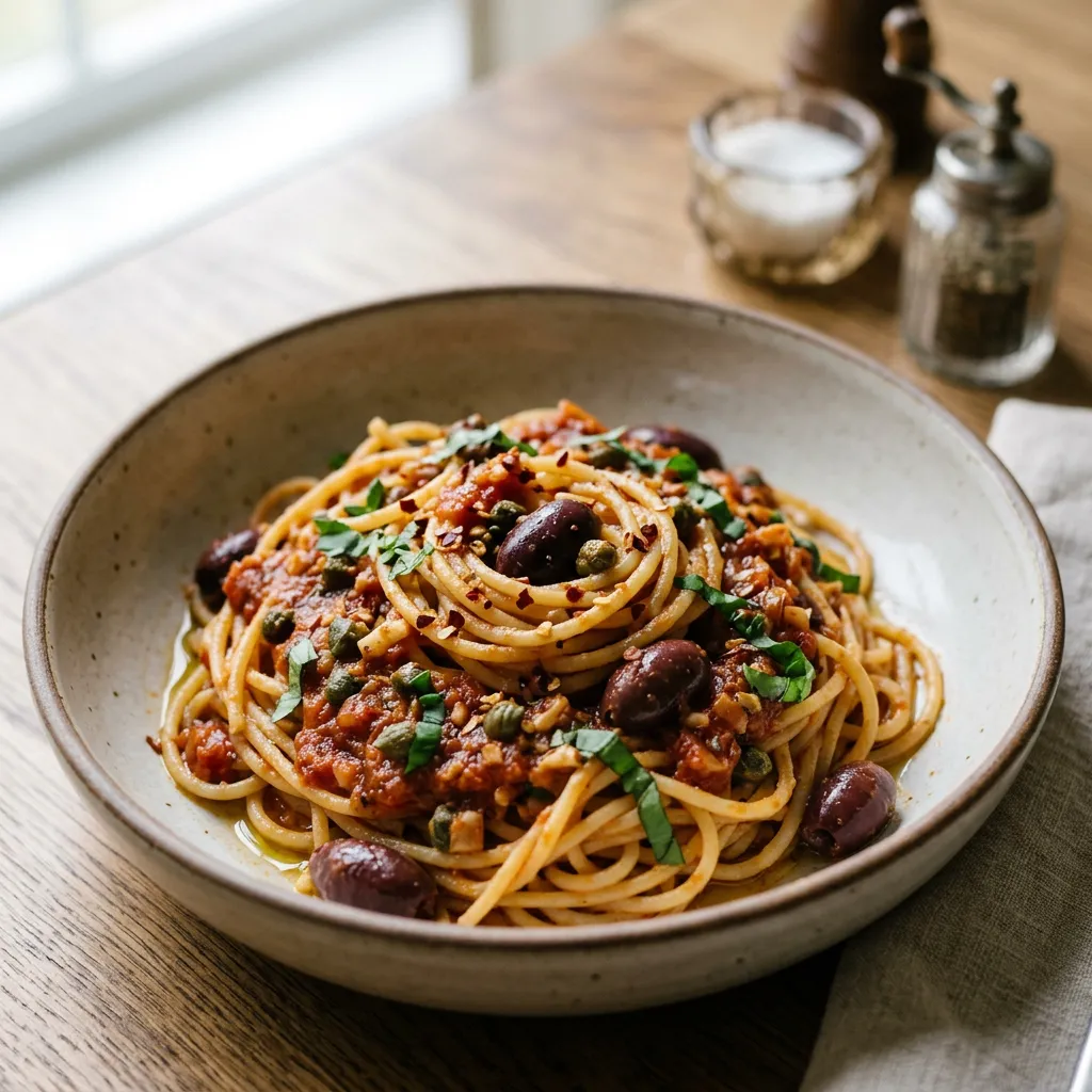 Capers and Olives Vegan Pasta Puttanesca
