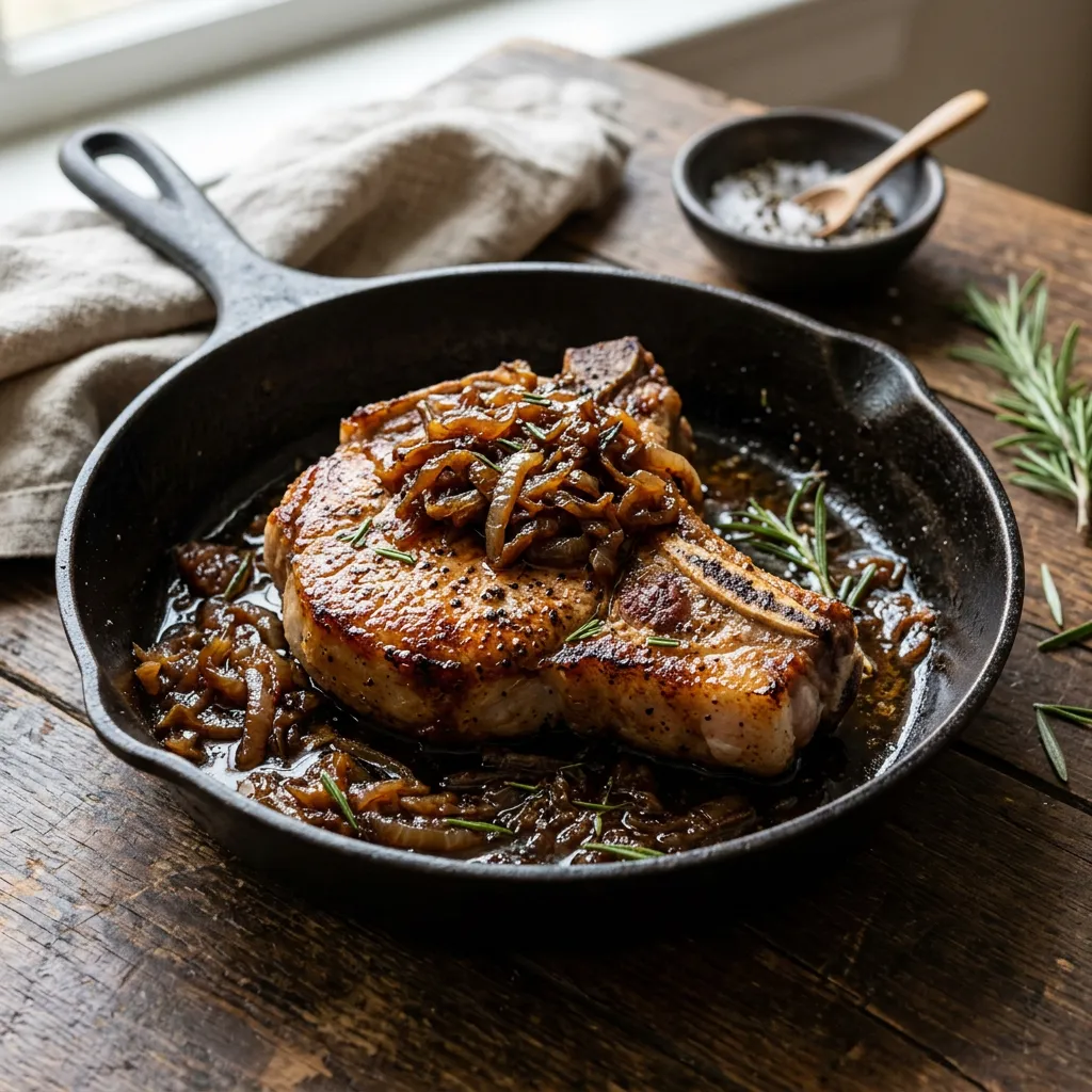 Finished Caramelized Onion Smothered Pork Chops dish
