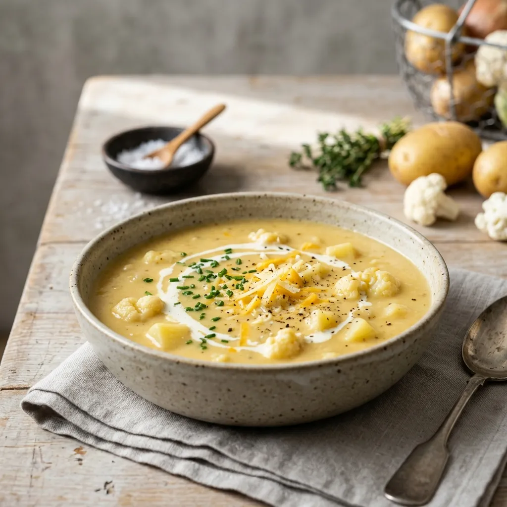 Cauliflower and Potato Soup With Cheddar Cheese