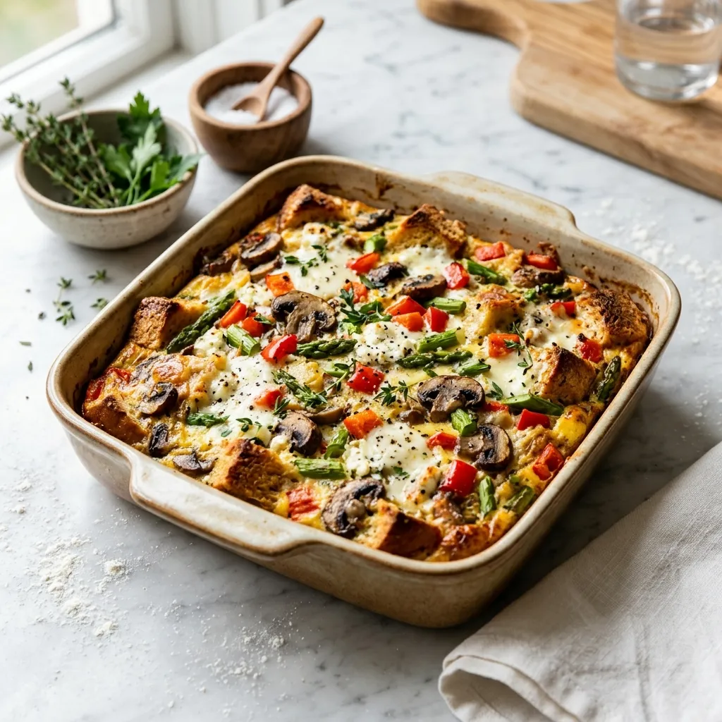 Challah Strata with Mushrooms, Peppers, and Asparagus