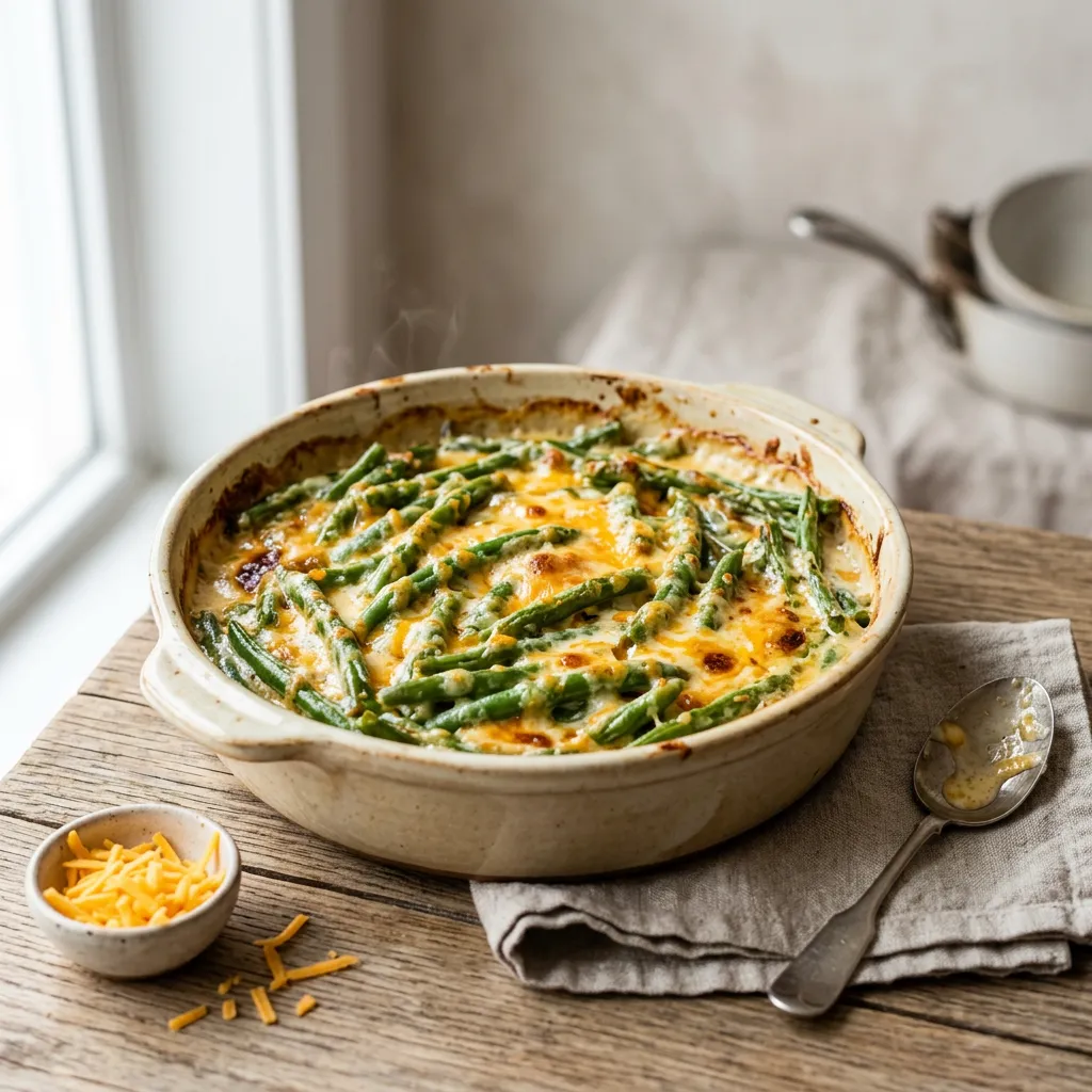Finished Cheesy Green Beans dish