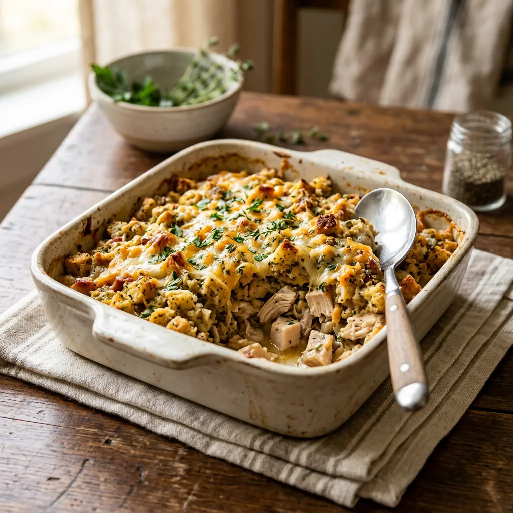 Finished Chicken and Dressing Casserole dish