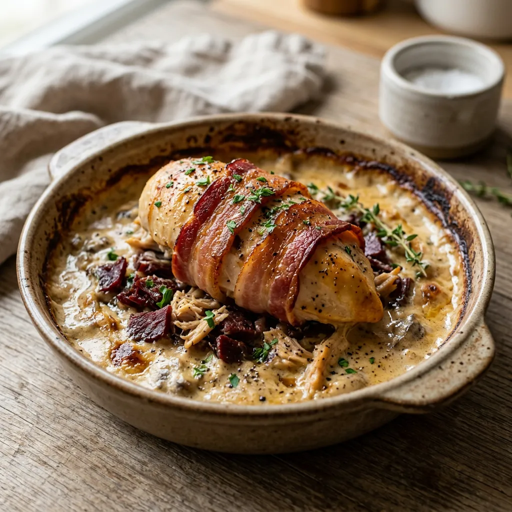 Finished Chicken, Bacon, and Dried Beef Casserole dish
