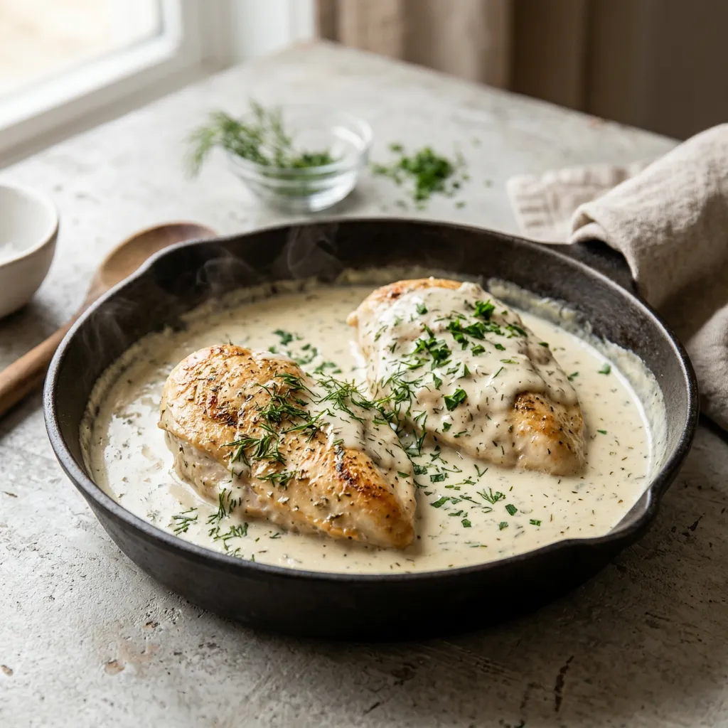 Finished Chicken Breasts With Creamy Dill Pan Sauce dish
