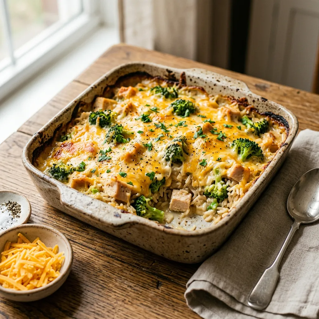 Finished Chicken Divan With Broccoli and Rice dish