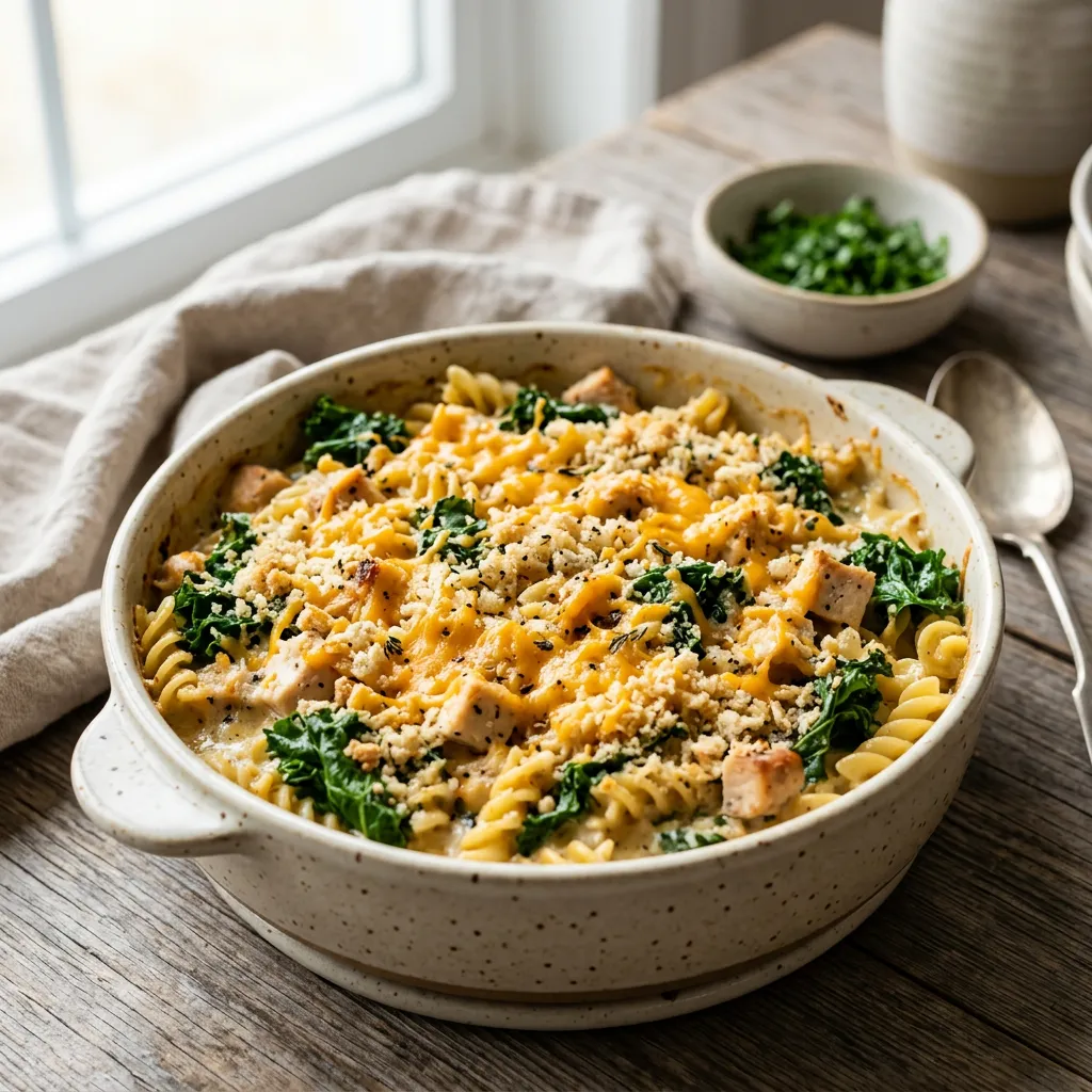 Chicken, Kale, and Pasta Casserole With Cheese