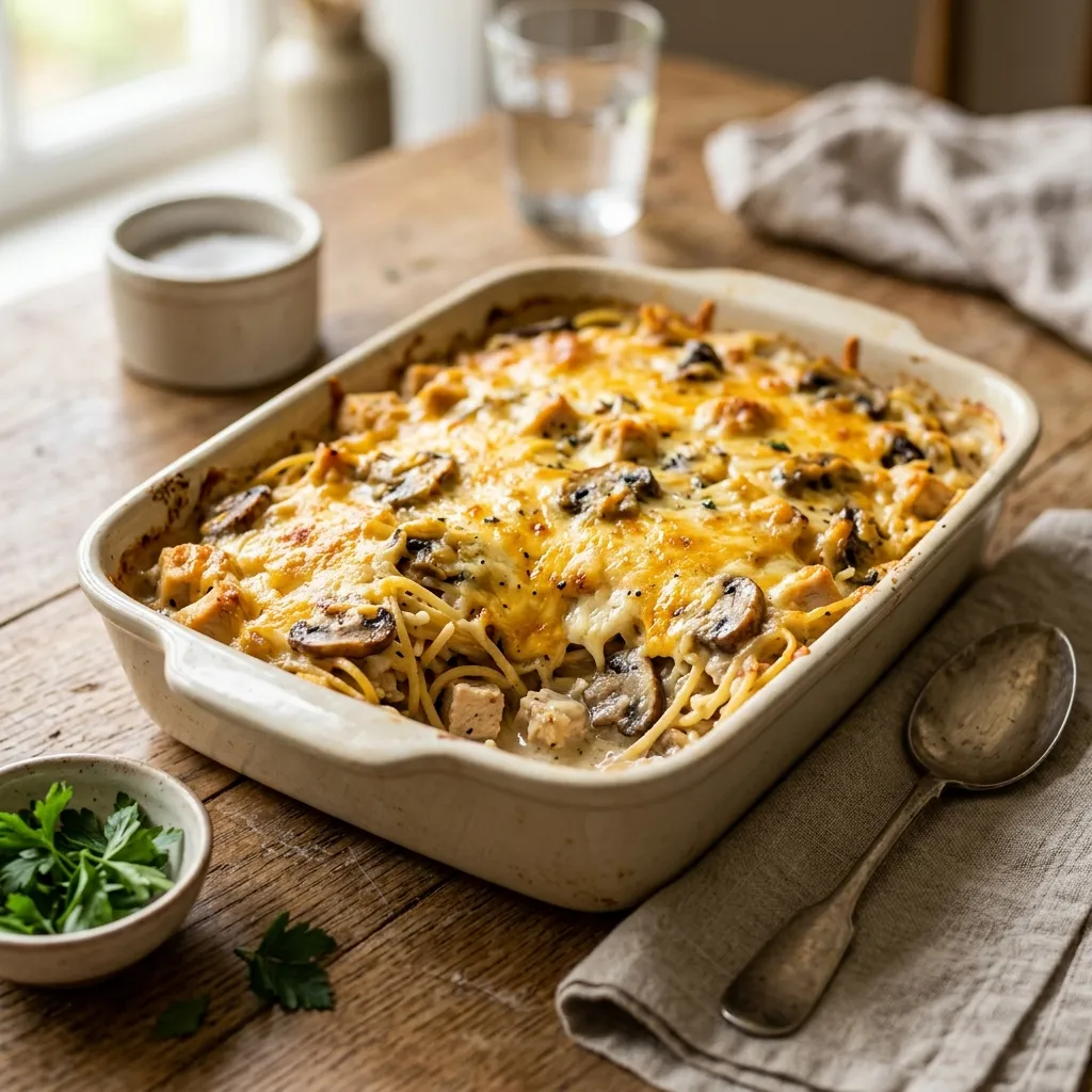 Chicken Pasta Casserole With Mushrooms and Cheese