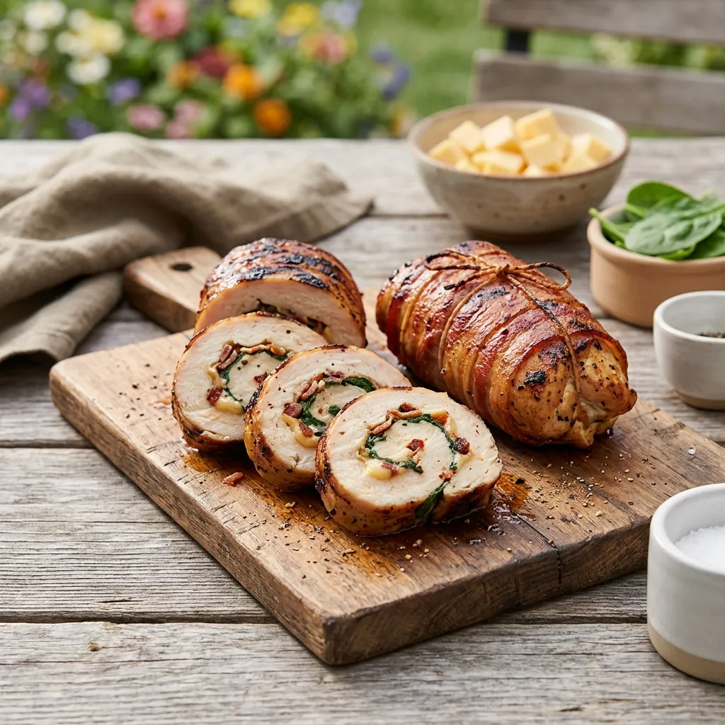 Chicken Roulade Stuffed With Smoked Bacon, Spinach & Gouda