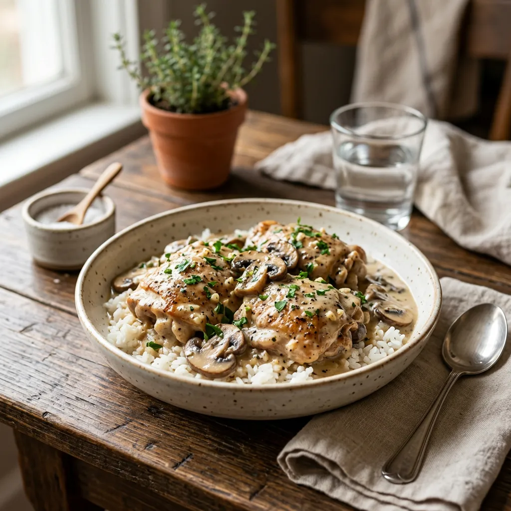 Finished Chicken Thighs With White Wine Cream Sauce dish