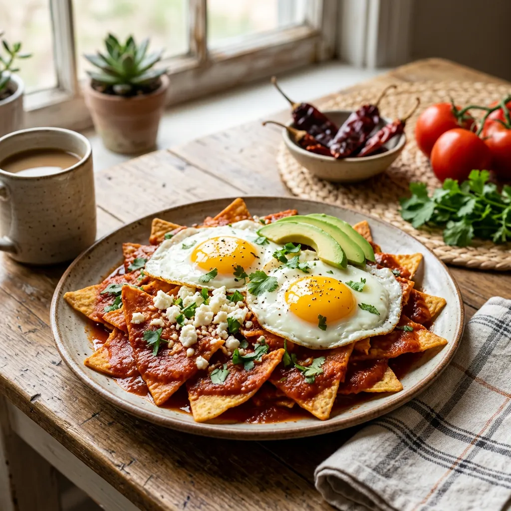 Chilaquiles Rojas With Fried Eggs
